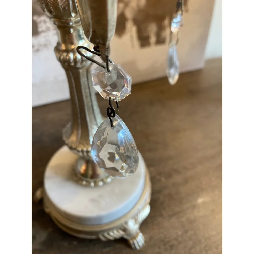 Vintage Ornate 5 Light Candelabra White Marble Base Crystal Prism Champagne Gold